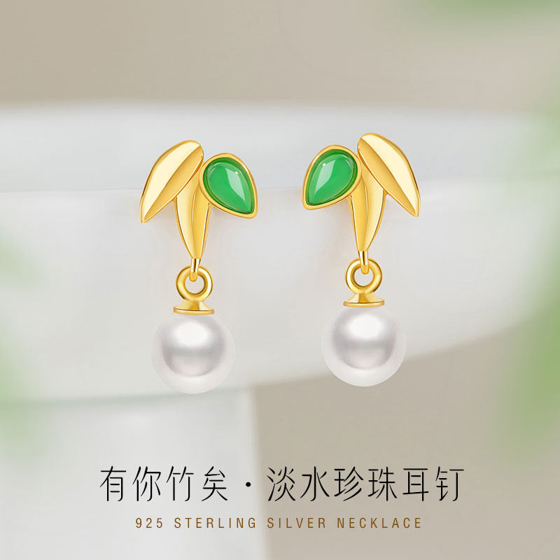 Bamboo Sterling Silver 925 Stud Earrings Women's Light Luxury High-Grade Freshwater Pearl Bamboo Earrings High-Rise Chalcedony Earrings