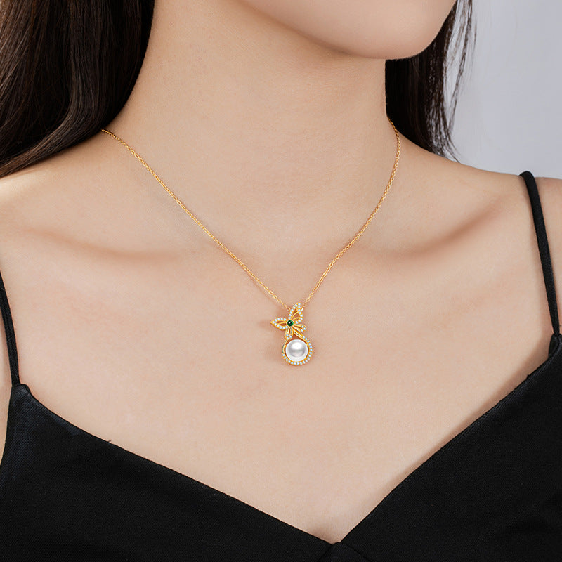 Butterfly Sterling Silver 925 Necklace Women's Light Luxury High-Grade Natural Freshwater Pearl Clavicle Chain Ins Style Chalcedony Pendant