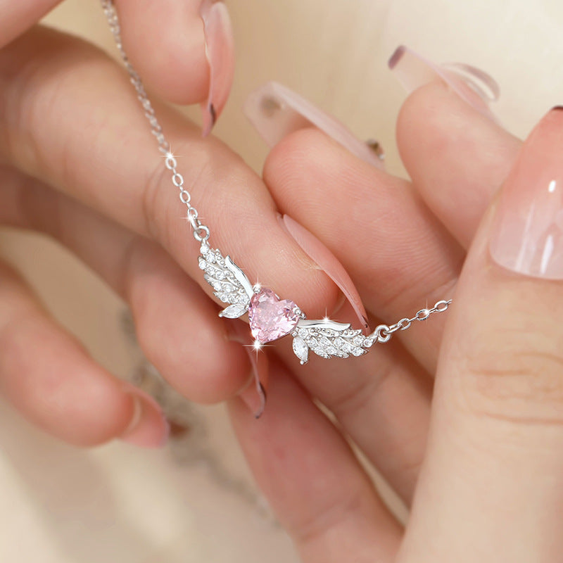 Sterling Silver Angel Wing Necklace – Pink Zircon