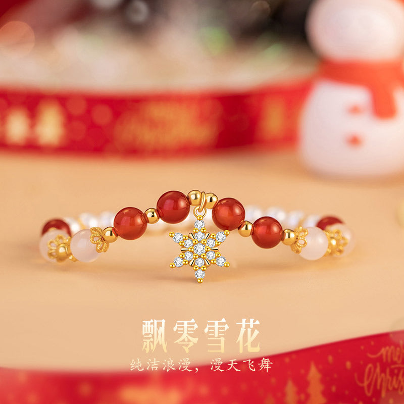 Snowflake Sterling Silver 925 Bracelet Women's Fashion All-Match Shijia Pearl Bracelet Ins Style Christmas Gift Chalcedony Bracelet