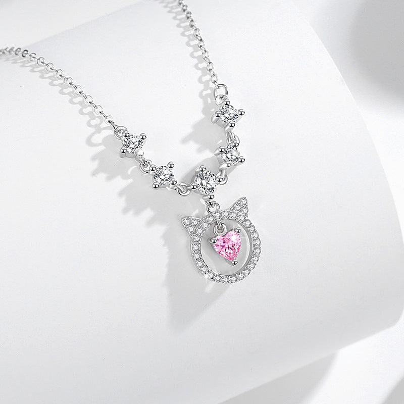 Cat Sterling Silver 925 Necklace Female Niche Design Light Luxury Pink Diamond Zircon Clavicle Chain Ins Style Love Pendant