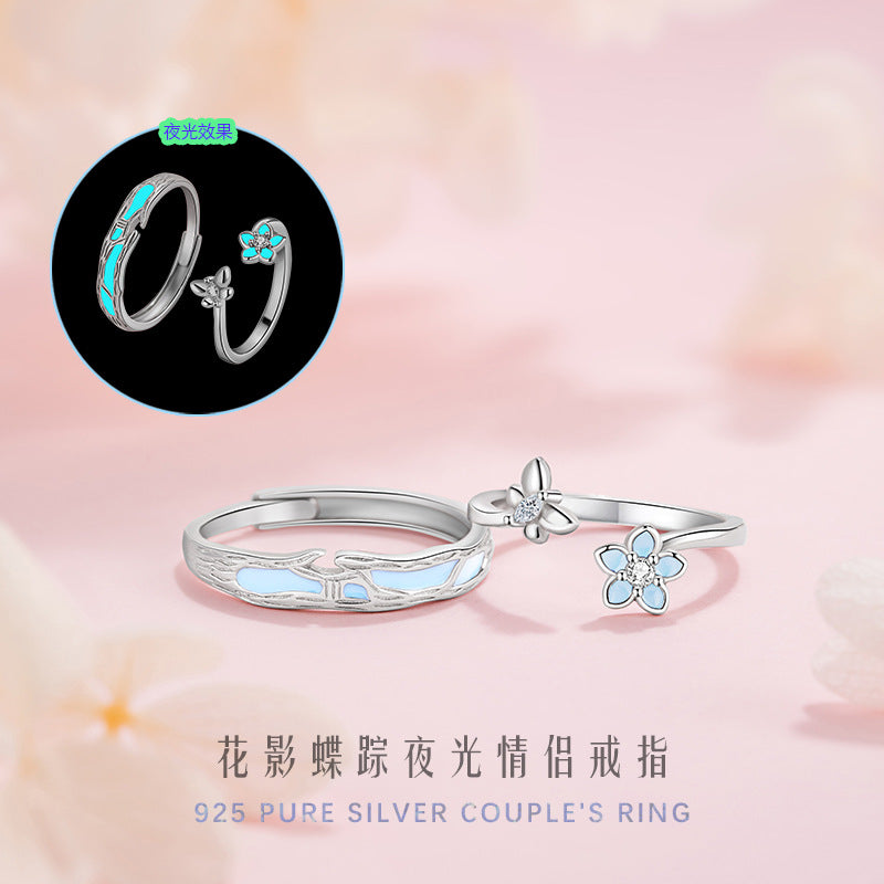 Butterfly Sterling Silver 925 Luminous Couple Ring Light Luxury High-Grade Flower Ring Ins Style Valentine's Day Peach Blossom Ring