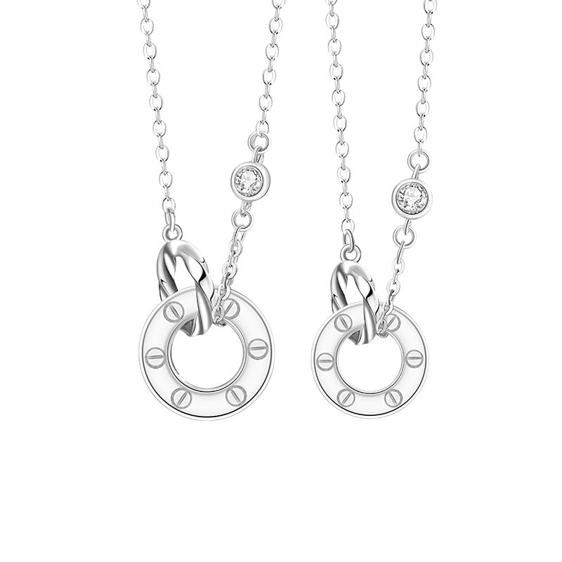 Mobius Ring Sterling Silver 925 Couple Necklace High-Grade Double Ring Zircon Clavicle Chain Ins Ring Buckle Pendant