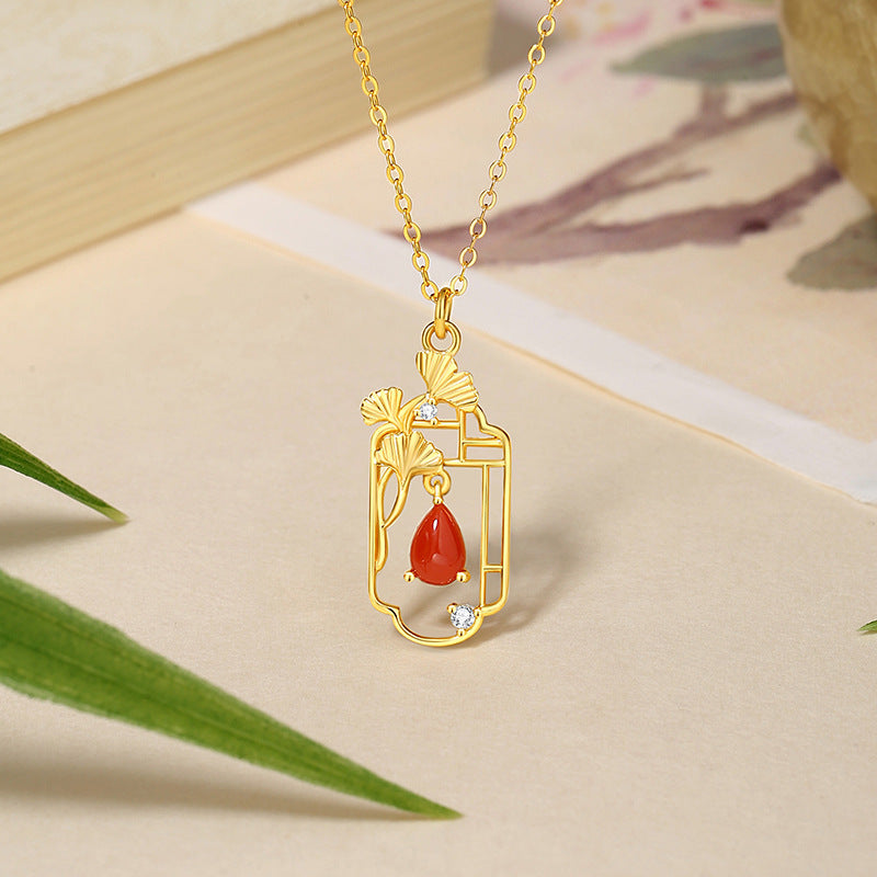 Sansheng Lucky Sterling Silver 925 Necklace New Chinese Style Chaonan Red Agate Water Drop Clavicle Chain Ins Ginkgo Leaf Pendant
