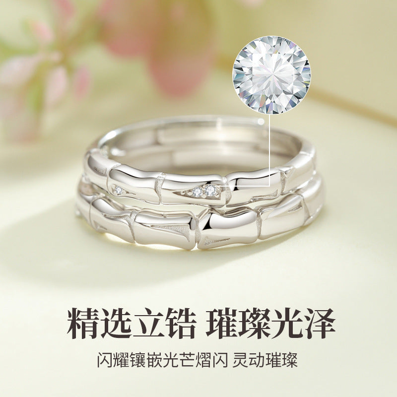Bamboo Joint Pure Silver 999 Couple Ring Niche Design Light Luxury Zircon Plain Ring Ins Style Valentine's Day Bamboo Ring
