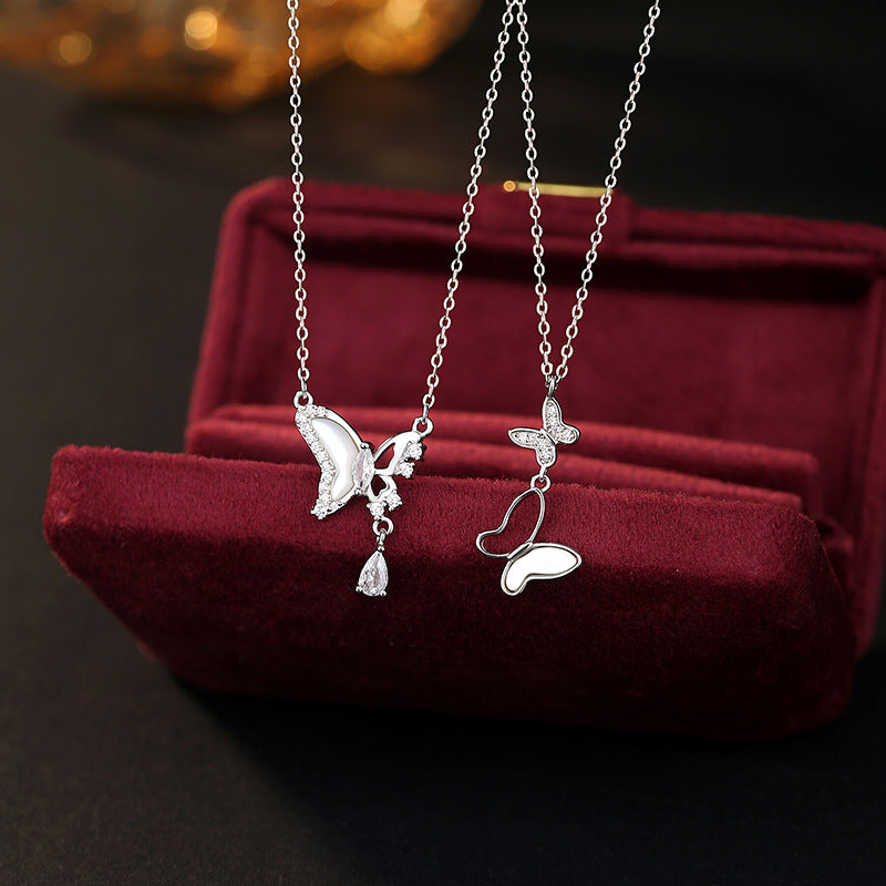 S925 Sterling Silver Necklace Female White Fritillary Butterfly Water Drop Tassel Pendant Light Luxury Girl Style Fresh Clavicle Chain