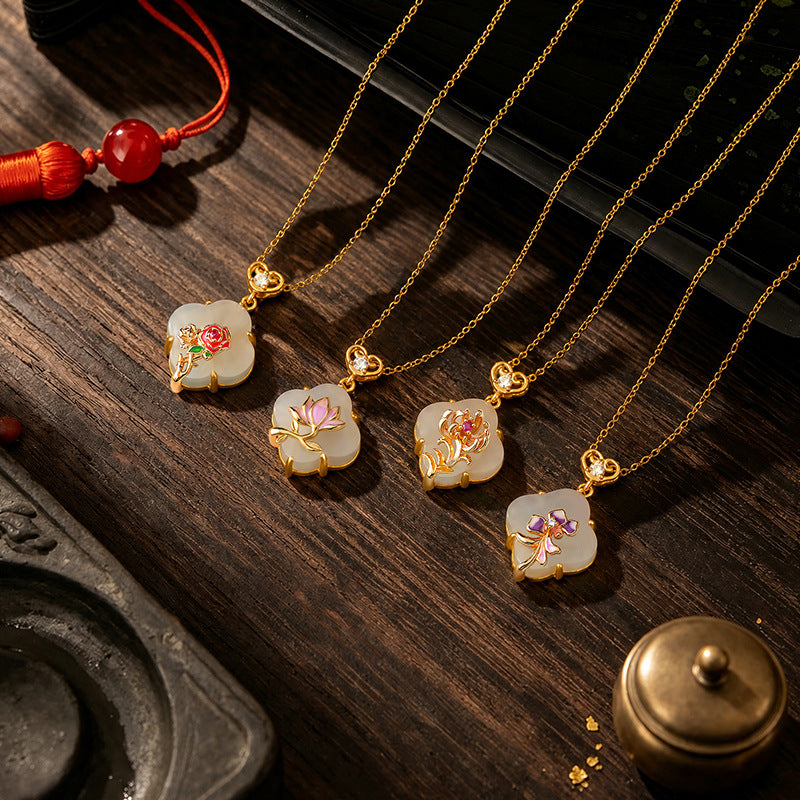 Twelve Flower God Sterling Silver 925 Hetian Jade Necklace New Chinese Flower Clavicle Chain Ins Style Lucky Clover Pendant