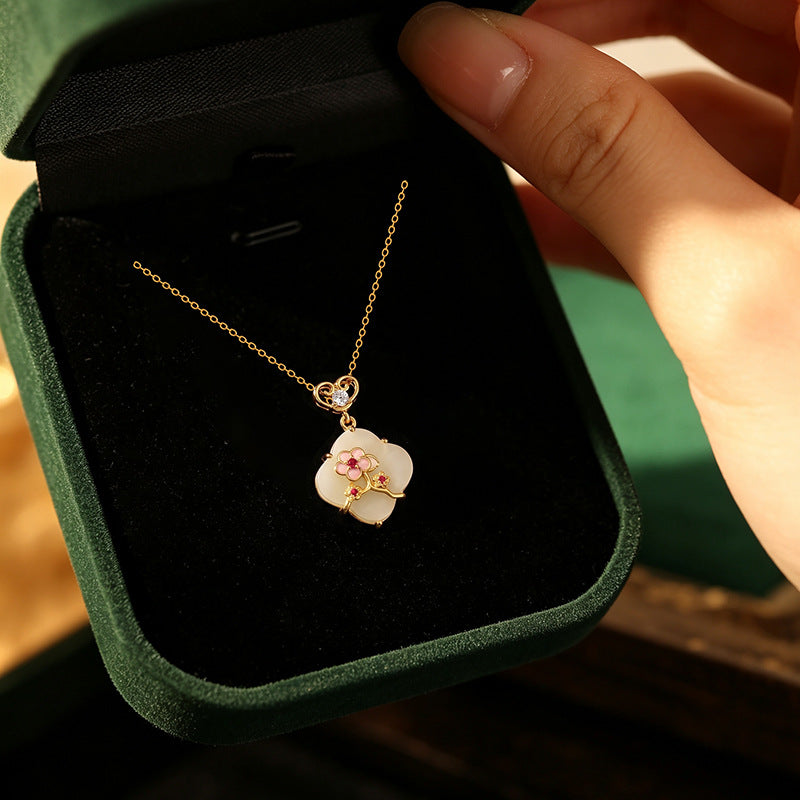 Twelve Flower God Sterling Silver 925 Hetian Jade Necklace New Chinese Flower Clavicle Chain Ins Style Lucky Clover Pendant