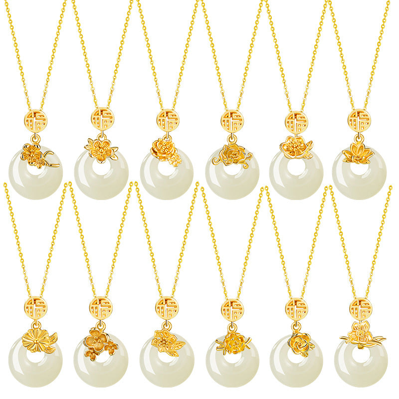 Collana in argento sterling 925 – fiore e disco e giada Hetian