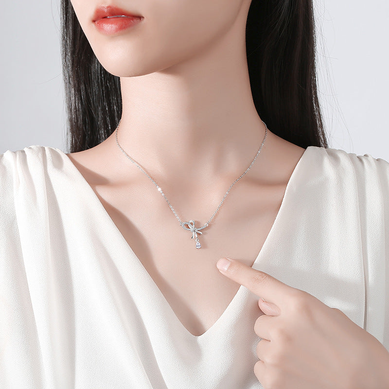 Bow Sterling Silver 925 Necklace Women's Fashion All-Match Zircon Clavicle Chain Ins Style High-Grade Love Pendant