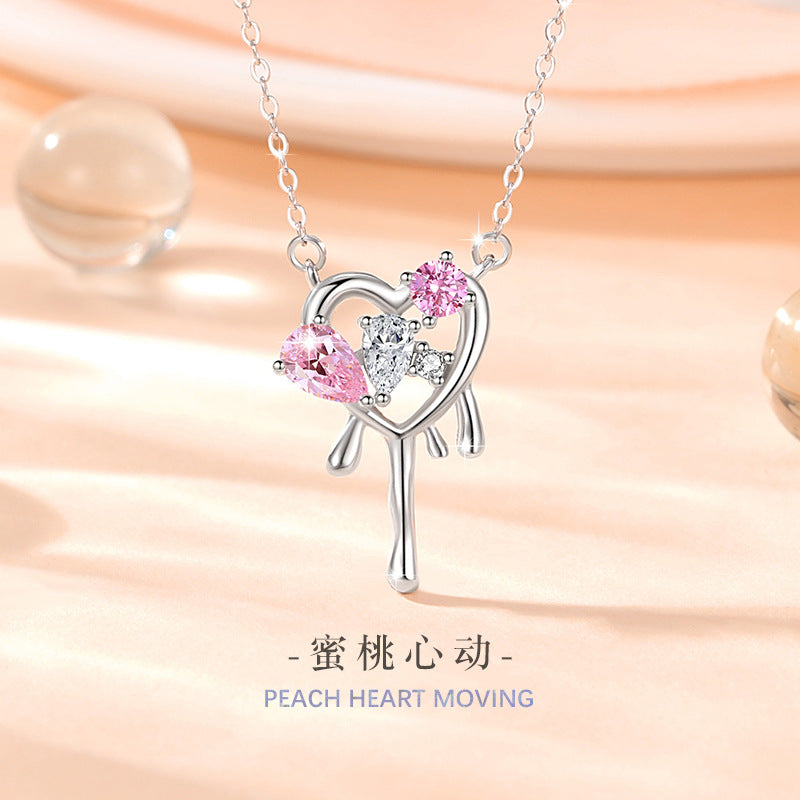 Lovely Sterling Silver 925 Necklace Women's Fashion All-Match Pink Diamond Clavicle Chain Valentine's Day Gift Key Zircon Pendant