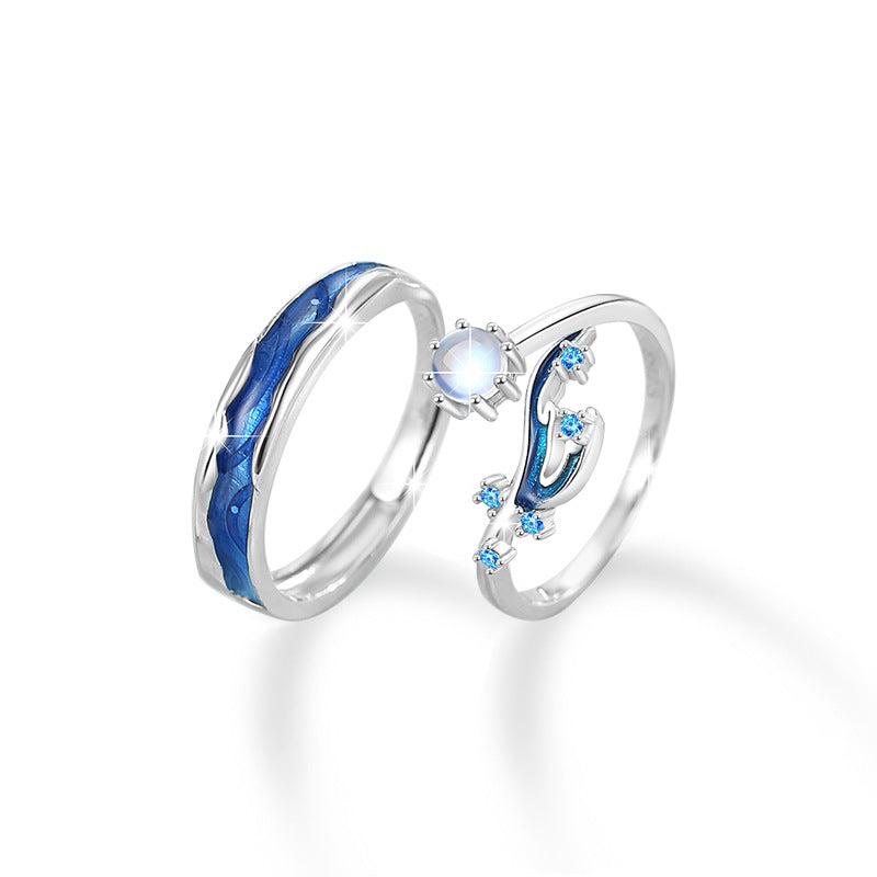 Fishtail Sterling Silver 925 Couple Ring Men and Women Niche Design Light Luxury Glass Stone Ring Ins Style Zircon Ring