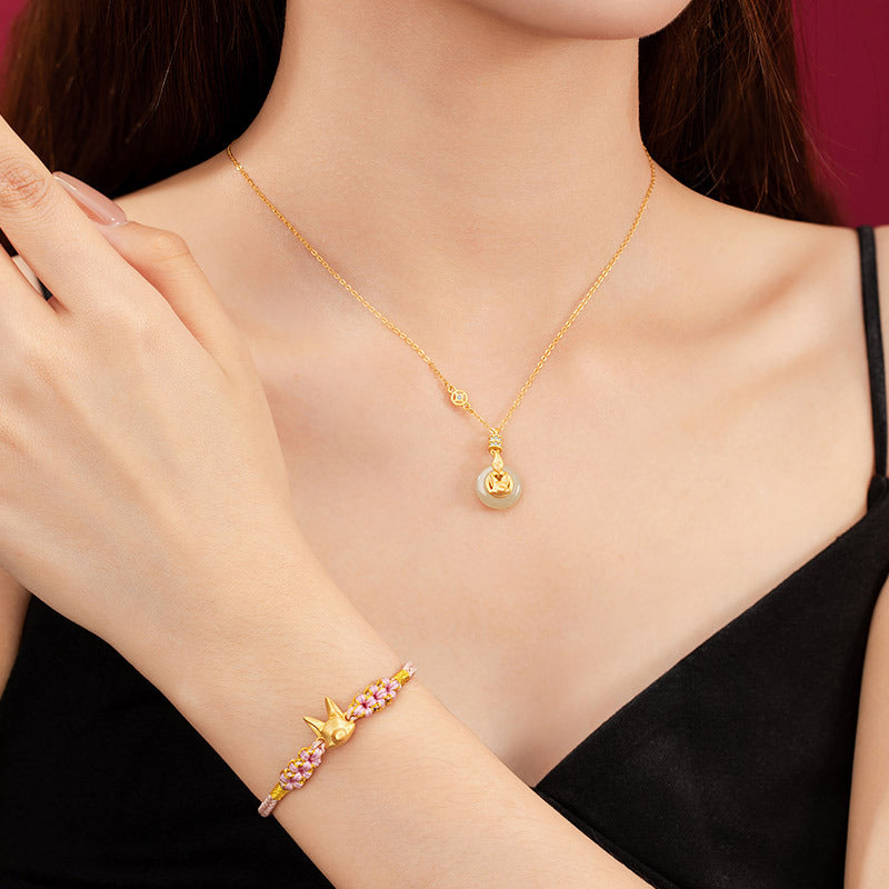 Fox Sterling Silver 925 Hetian Jade Necklace Female Cute Sweet Style Copper Coin Clavicle Chain Ins Style Safety Buckle Pendant