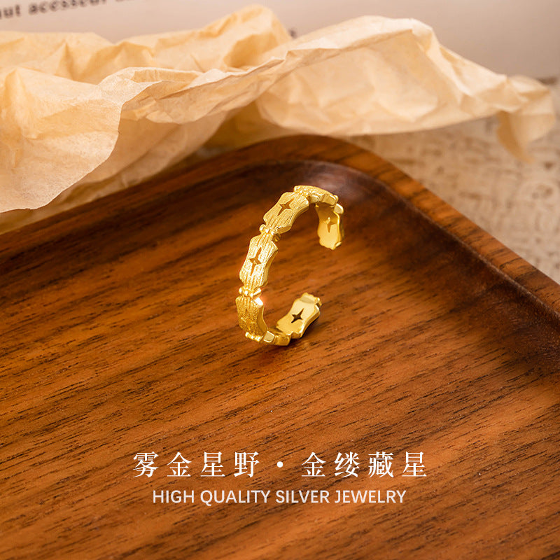 S925 Silver Gold-Plated Star Open Ring Niche Design Brushed Texture Irregular Adjustable Diet Finger Ring Wholesale