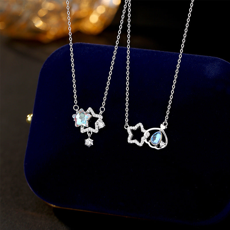 S925 Sterling Silver Necklace Women's Colorful Glazed Stone Star Pendant Niche Light Luxury High-Grade Double Star Clavicle Chain