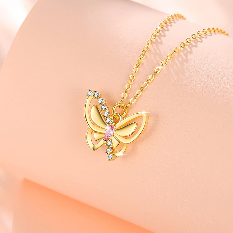 Butterfly Sterling Silver 925 Necklace Female Niche Design Light Luxury Pink Diamond Clavicle Chain Get Things Ins Style Wings Pendant