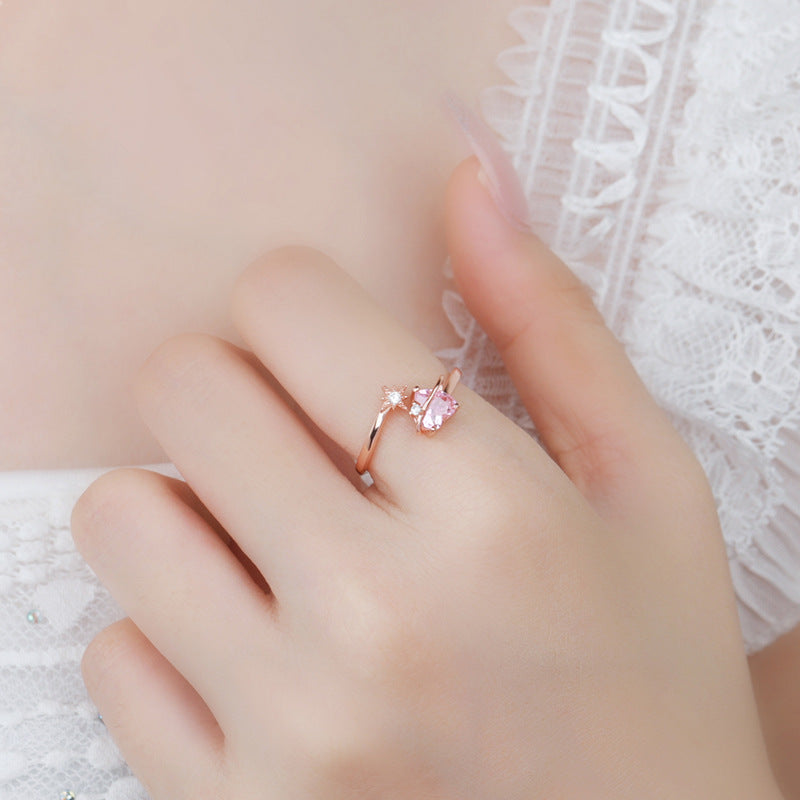 Lovely Sterling Silver 925 Ring Women's Fashion All-Match Pink Diamond Ring Things Ins Open Adjustable Planet Ring
