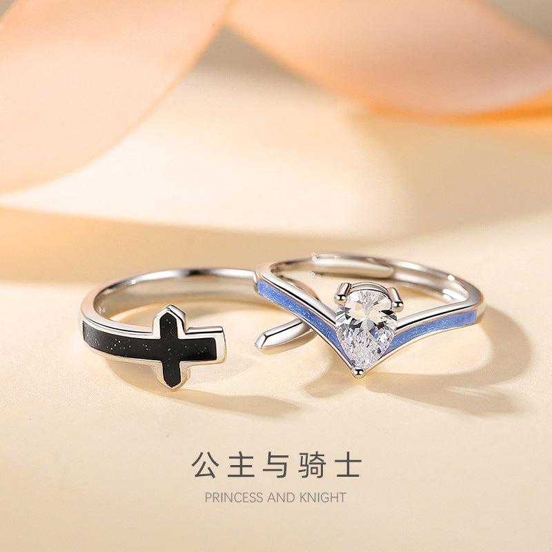 Princess and Knight Sterling Silver 925 Couple Ring Men's and Women's Niche Design Style Cross Zircon Crown Ring