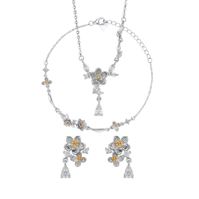S925 Sterling Silver Necklace Bracelet Stud Earrings Set New Chinese Style Jasmine Design Gift for Girlfriend