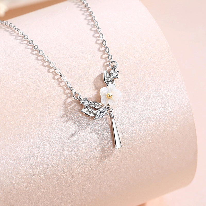 Cherry Blossom Sterling Silver 925 Necklace Female Niche Design Light Luxury Zircon Tassel Clavicle Chain Get Things Ins Flower Pendant