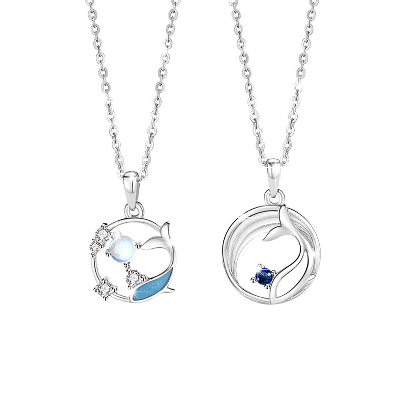Whale Has You Sterling Silver 925 Couple Necklace, INS Glazed Stone Clavicle Chain 520 Valentine's Day Fishtail Pendant