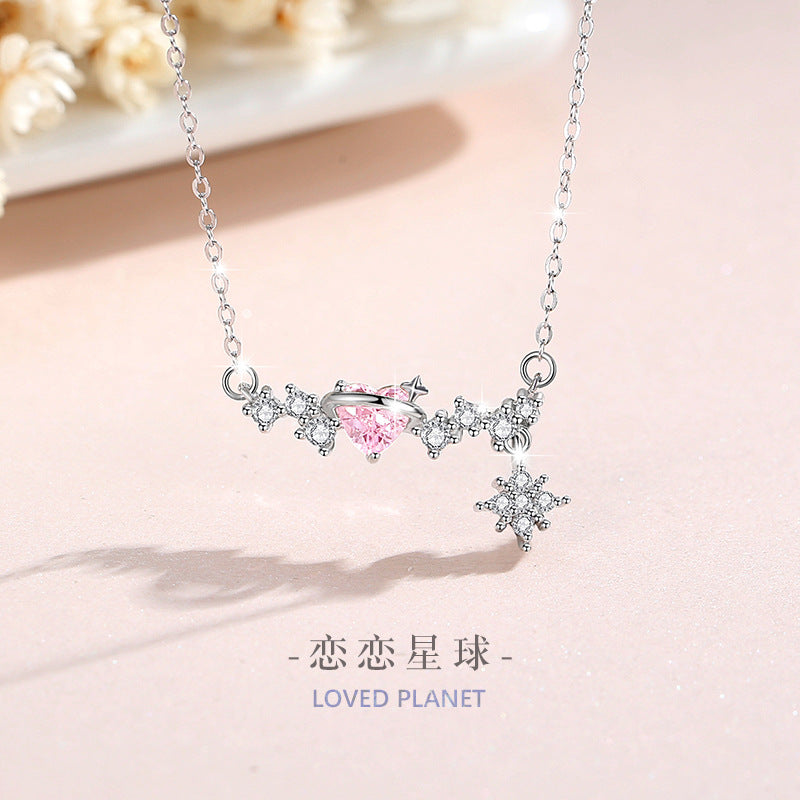 Planet Sterling Silver 925 Necklace Female Niche Design Light Luxury Zircon Clavicle Chain Get Things Ins Style Love Pendant