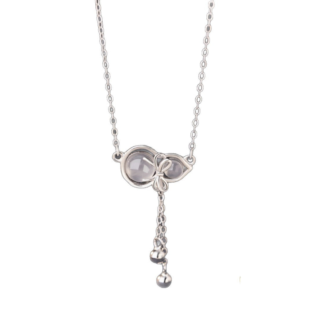 Gourd Sterling Silver 925 Chalcedony Necklace Women's High-Grade Bow Tassel Clavicle Chain Ins Lucky Clover Pendant