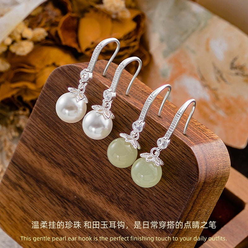 New Chinese Style S999 Pure Silver Pearl Hetian Jade Ear Hook High-Grade Petal Tassel Earrings Women's Light Luxury Commuter Earrings
