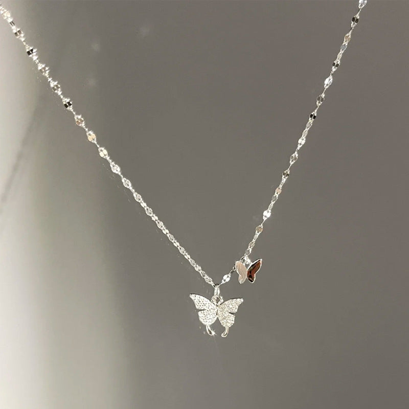 Butterfly Pure Silver 999 Necklace Female Niche Design Light Luxury Zircon Clavicle Chain Ins Style Sparkling Pendant