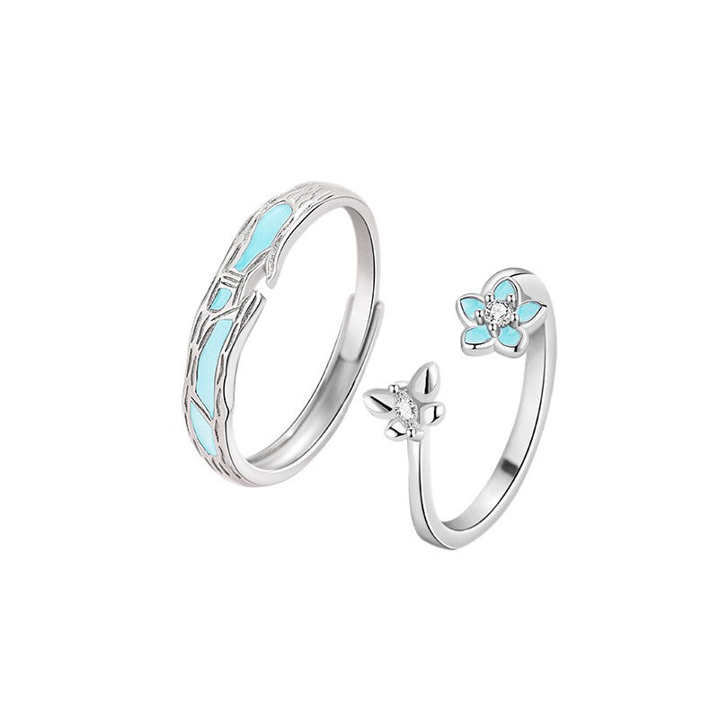 Butterfly Sterling Silver 925 Luminous Couple Ring Light Luxury High-Grade Flower Ring Ins Style Valentine's Day Peach Blossom Ring
