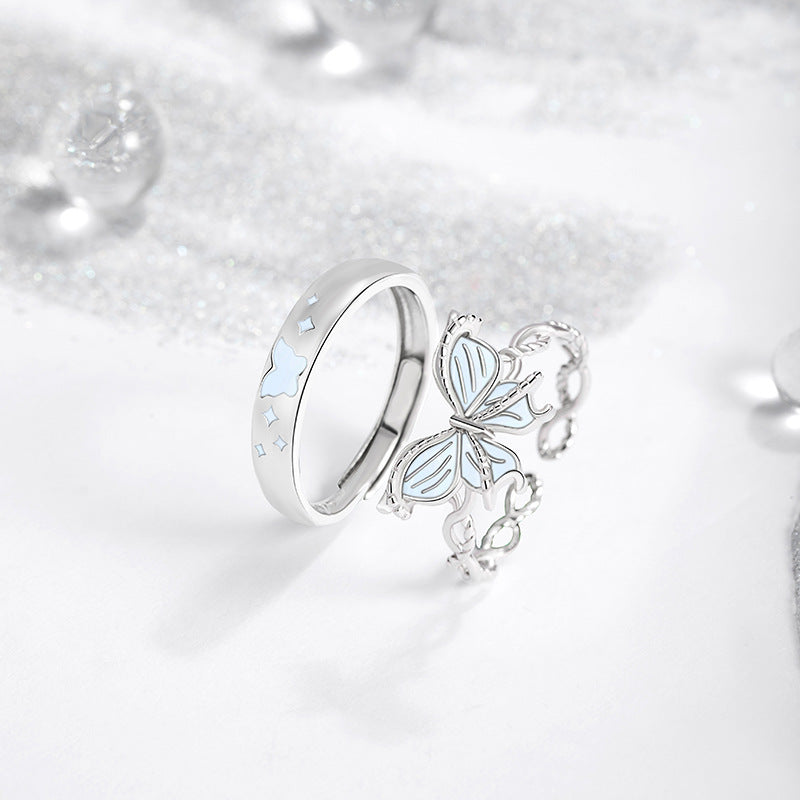 Butterfly Sterling Silver 925 Luminous Couple Ring Men and Women Niche Light Luxury Plain Ring Ins Style Valentine's Day Couple Ring