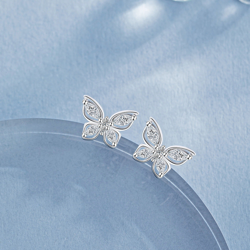 Butterfly Pure Silver 999 Stud Earrings Female Niche Design Light Luxury Hollow Zircon Earrings Ins Style High-Grade Earrings