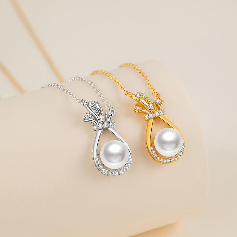 Lucky Bag Sterling Silver 925 Necklace Women's Light Luxury High-Grade Natural Freshwater Pearl Clavicle Chain Valentine's Day Gift Pendant