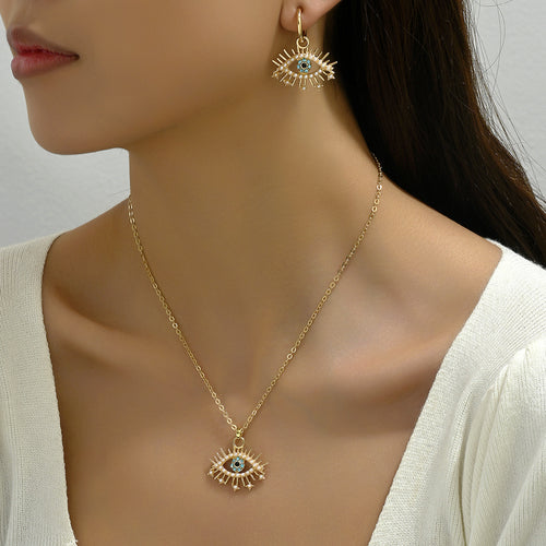 2024 New Angel Eye Hip Hop Women's Stud Earrings Necklace Set Niche Diamond Design Long Clavicle Chain