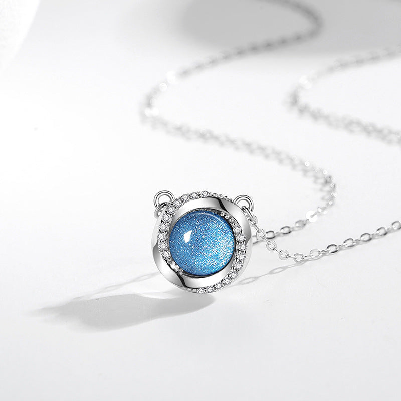 Ocean Heart Sterling Silver 925 Necklace Female Niche Design Light Luxury Rose Clavicle Chain Ins Glass Stone Pendant