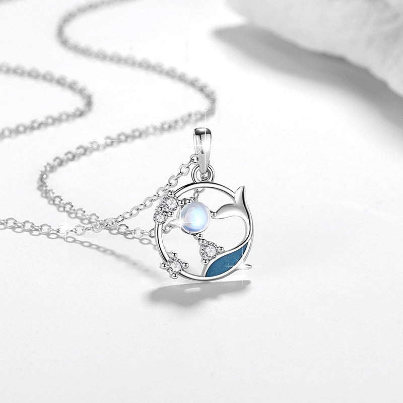 Whale Has You Sterling Silver 925 Couple Necklace, INS Glazed Stone Clavicle Chain 520 Valentine's Day Fishtail Pendant