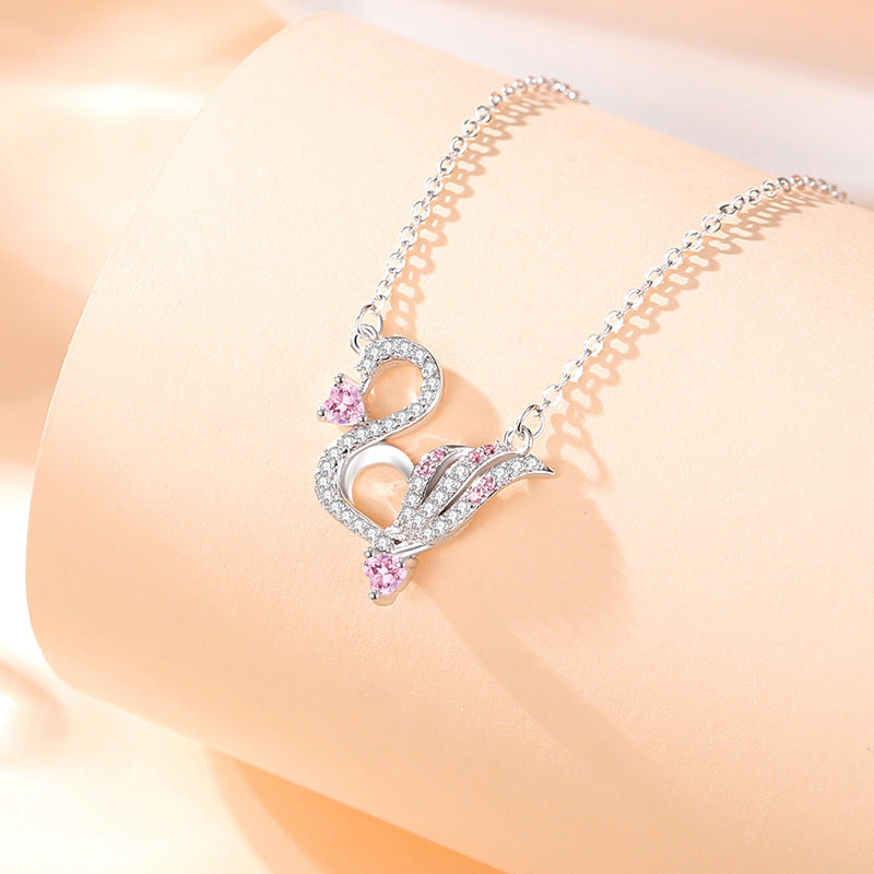Swan Sterling Silver 925 Necklace Female Niche Design Light Luxury Pink Zircon Clavicle Chain Get Things Ins Love Pendant