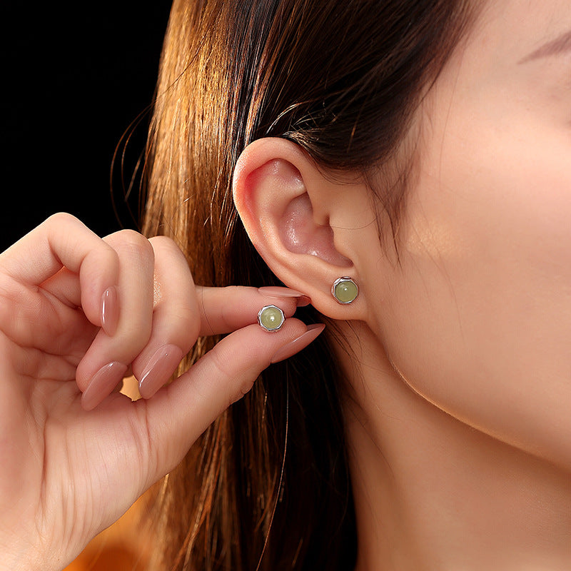 New Chinese Style Hetian Jade S925 Sterling Silver Stud Earrings for Girlfriend Valentine's Day Gift Light Luxury National Style Earrings