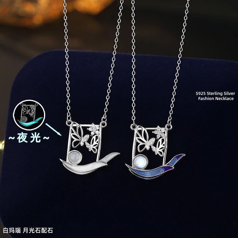 S925 Sterling Silver Necklace Female Butterfly Luminous Enamel Craft Moonstone White Agate Light Luxury Niche Girlfriends Clavicle Chain