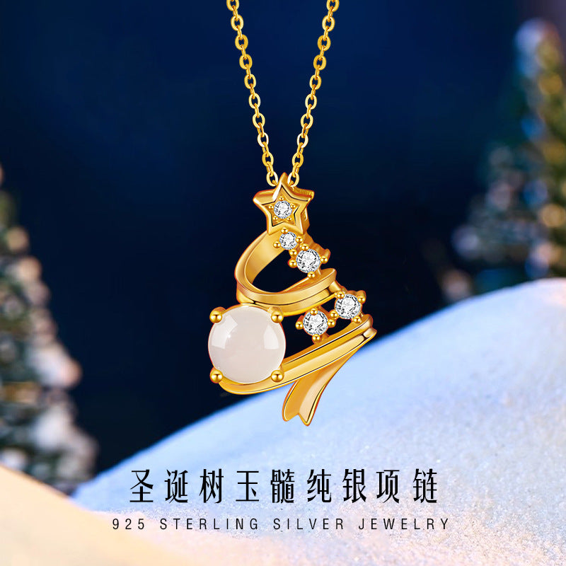 Christmas Tree Sterling Silver 925 Necklace Women's Light Luxury High-Grade Star Chalcedony Clavicle Chain Ins Style Wishing Tree Pendant