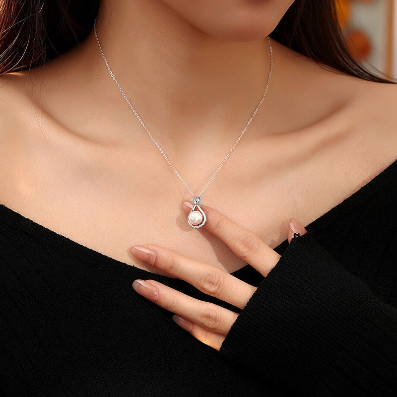 S925 Sterling Silver Necklace Women's National Style Flower Freshwater Pearl Pendant Light Luxury Clavicle Chain Mother's Day Silver Jewelry Gift