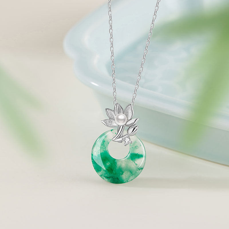 Sterling Silver Lotus and Disc Necklace – Jade