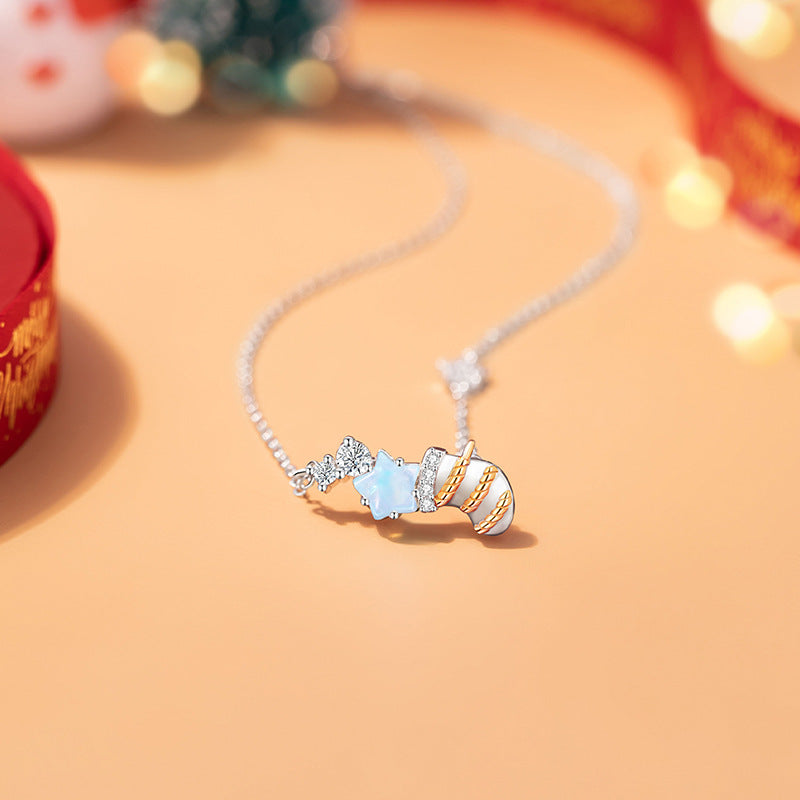 Christmas Socks Sterling Silver 925 Necklace Female Niche Design Light Luxury Glass Stone Clavicle Chain Ins Style Star Pendant