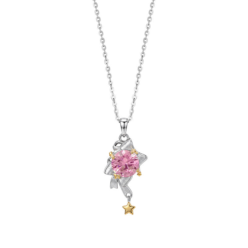 Princess Escape Bow S925 Sterling Silver Necklace Exquisite Brushed Craft Pink White Zircon Girl Style Gift Silver Jewelry