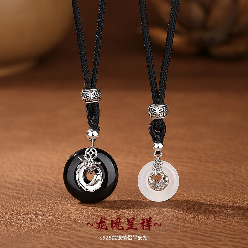 S925 Silver Necklace Longfeng Chengxiang Couple Safety Buckle Black Agate White Chalcedony Pendant Qixi Love Token Gift
