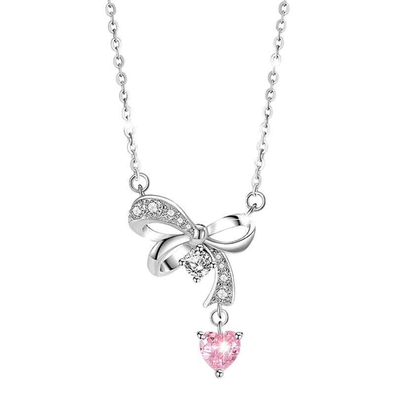Bow Sterling Silver 925 Necklace Women's Fashion All-Match Zircon Clavicle Chain Valentine's Day Ins Style Love Pendant