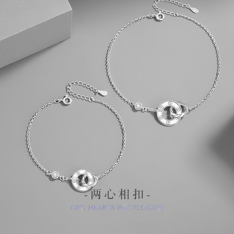 Ring Buckle Sterling Silver 925 Couple Bracelet Fashion Versatile Double Ring Bracelet Ins Style Mobius Ring Bracelet