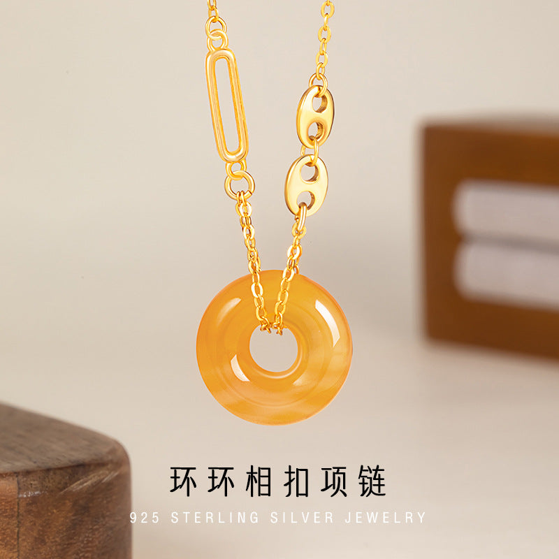 Ring Buckle Sterling Silver 925 Necklace Women's Light Luxury High-Grade Sugar Onyx Clavicle Chain Pig Nose Pendant