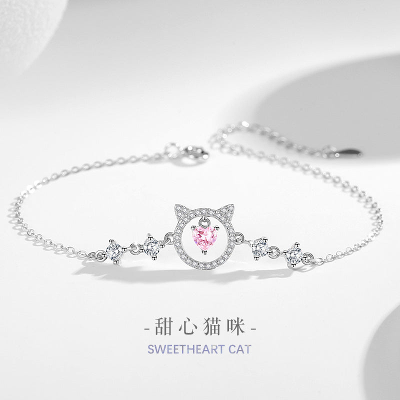 Sweet Cat Sterling Silver 925 Bracelet Female Niche Design Light Luxury Pink Diamond Star Bracelet Ins Style Lovely Bracelet