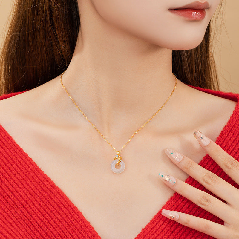 Fuyun Cute Snake Sterling Silver 925 Chalcedony Necklace National Fashion Birth Year Safety Buckle Clavicle Chain Ins Style Zodiac Pendant